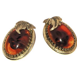 Vintage Whiting & Davis Post Earrings with antique gold base and large oval brown lucite posts 