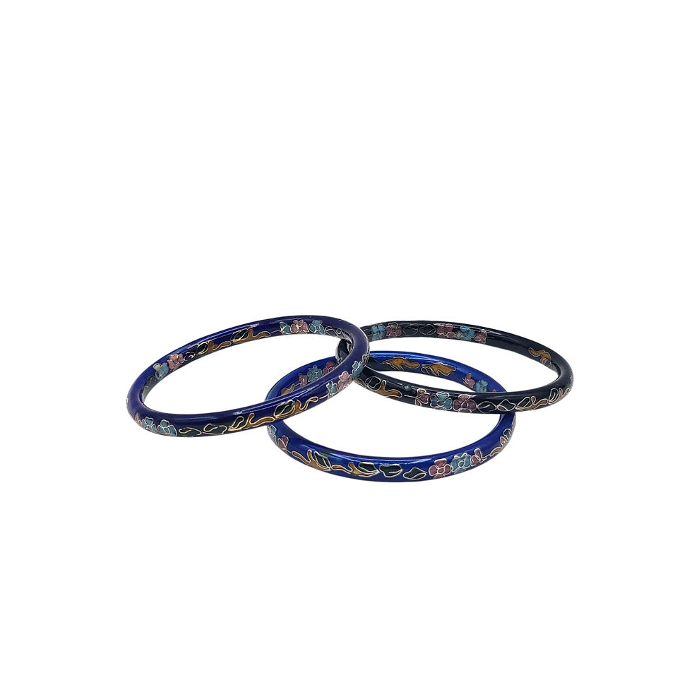 Vintage Cloisonne Bangle Bracelet Set 3 Blue Enamel Floral Stacking 2.5"