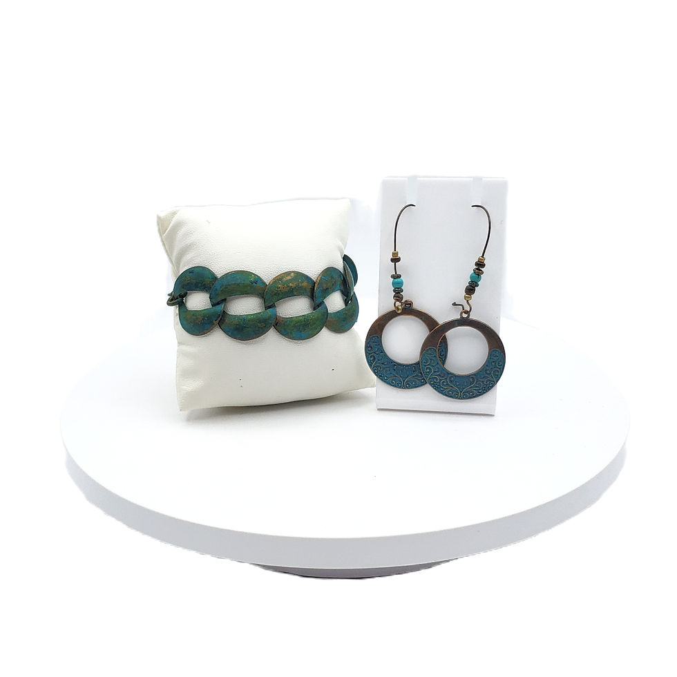 Vintage Verdigris Patina Copper Boho Hoop Earrings & Link Bracelet Set