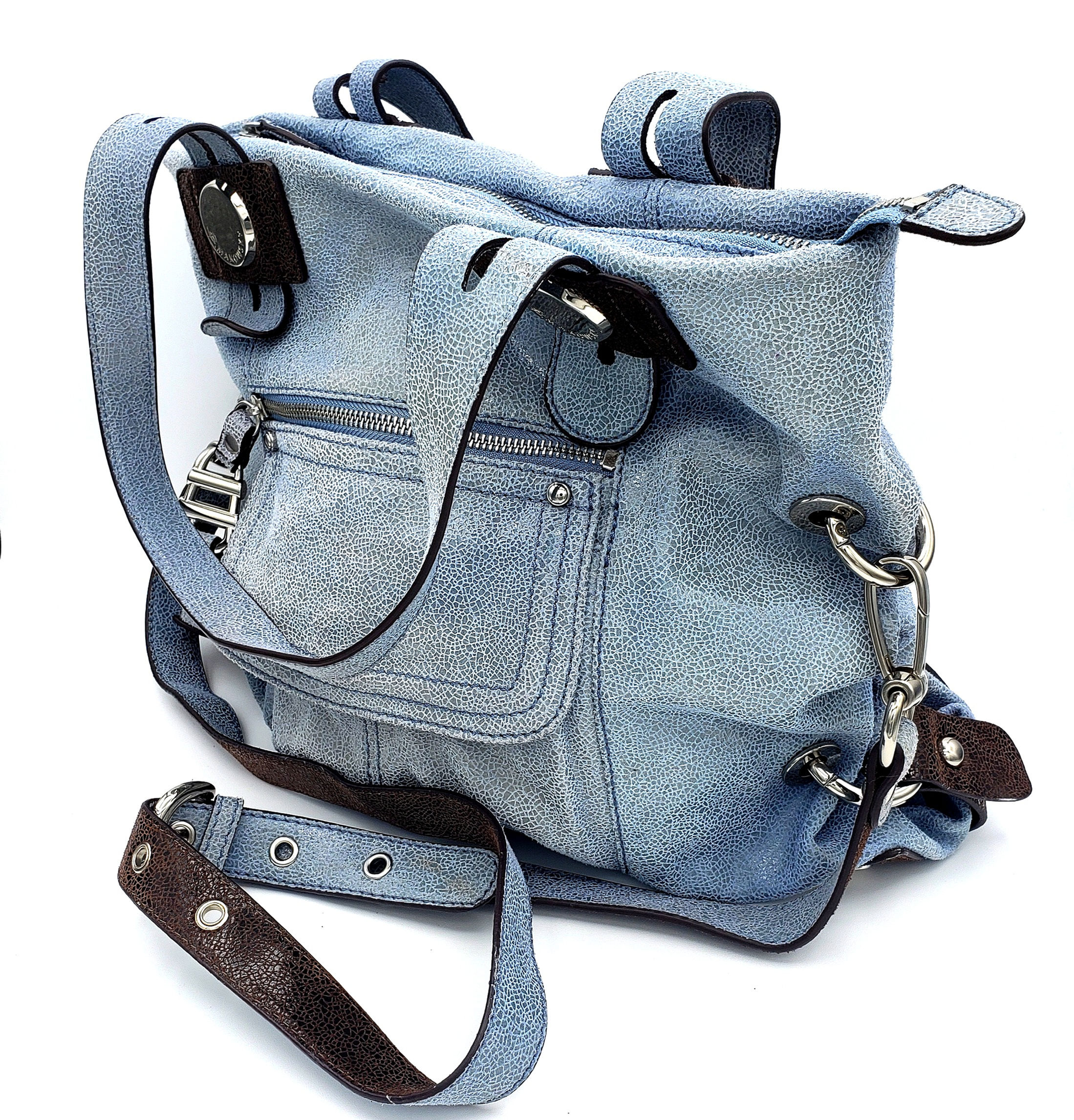 B. Makowsky Light Blue Distressed leather with brown leather accents, crossbody strap and leopard print interior lining