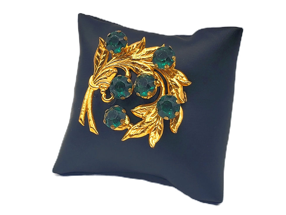 Vintage Green Crystal Gold Leaf Brooch