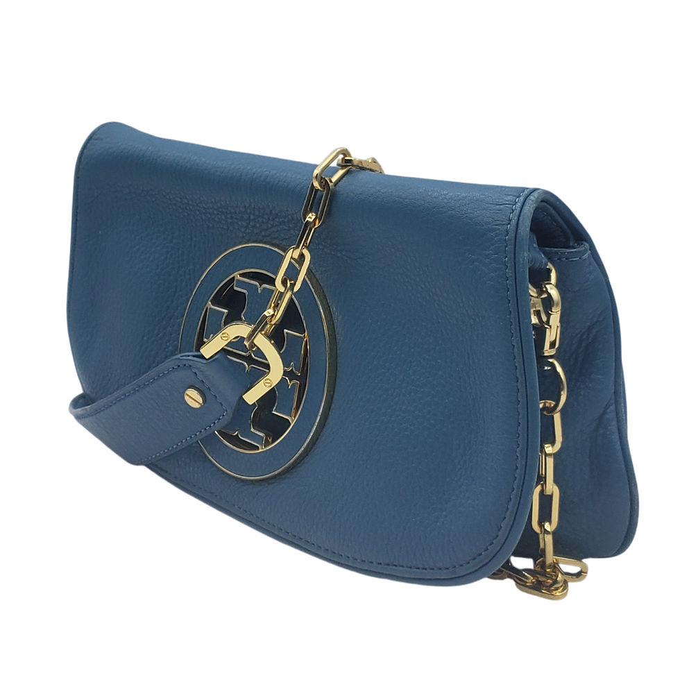 Tory Burch Amanda Blue Pebbled Leather Foldover Crossbody Clutch Bag