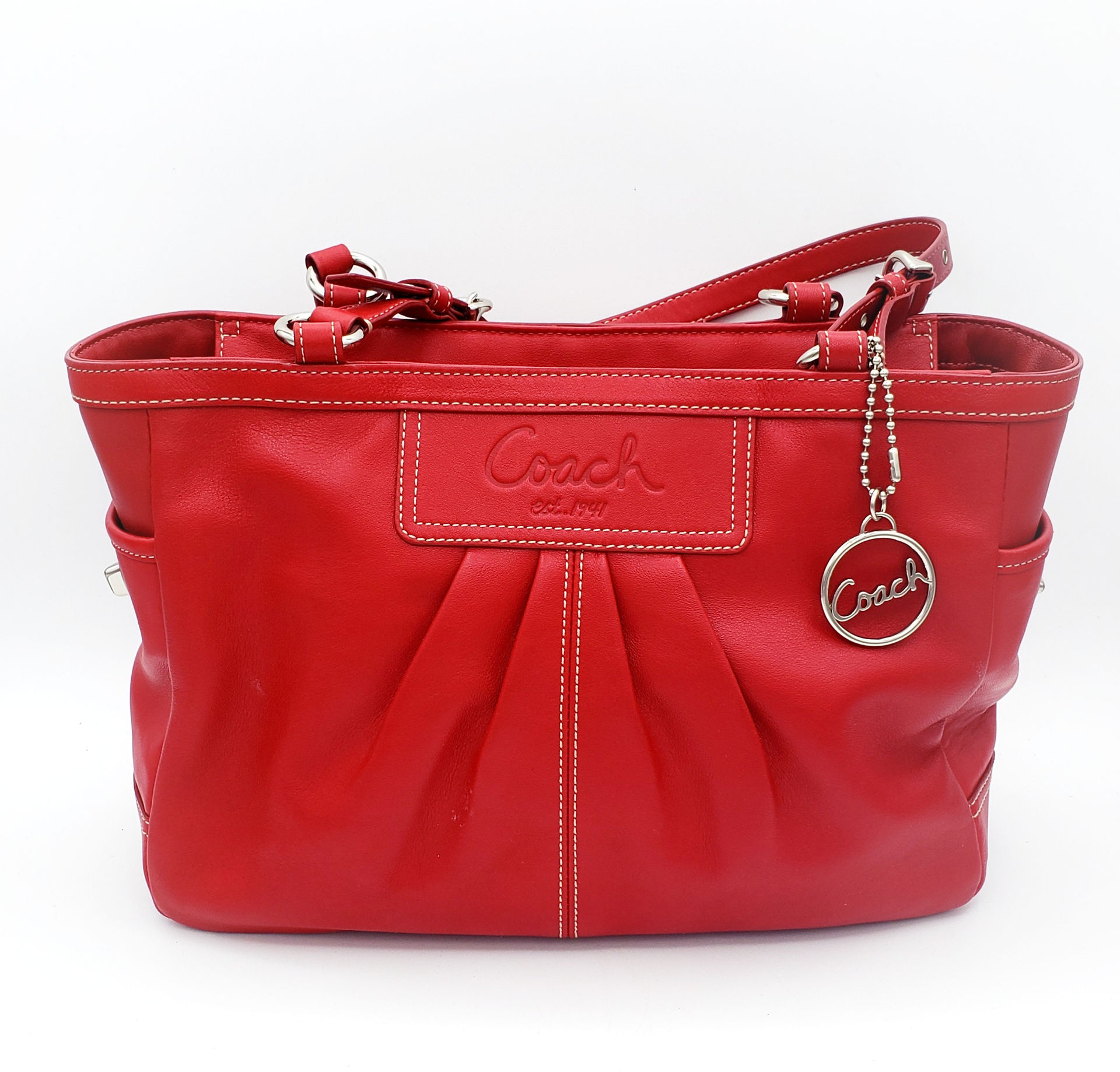 Coach Red Leather East West Bag wtih pleated front and silver hardware