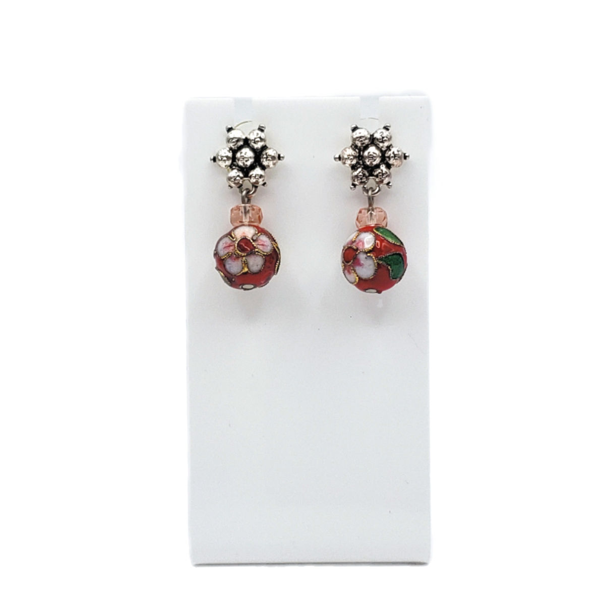VTG Silver Tone Red Cloisonne Enamel Floral Ball Dangle Post Earrings 1"