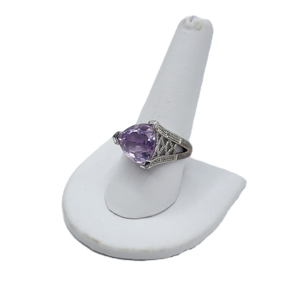 Thumbnail: Vintage Art Deco Style Amethyst Trillion Filigree Statement Ring Size 10