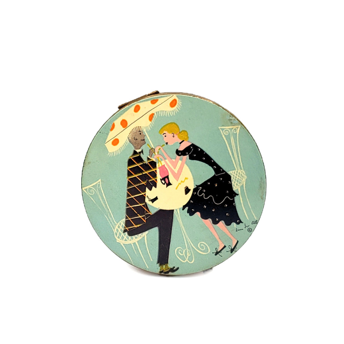 Vintage Art Deco Mid Century Brass Powder Compact Whimsical Cafe Couple Puff