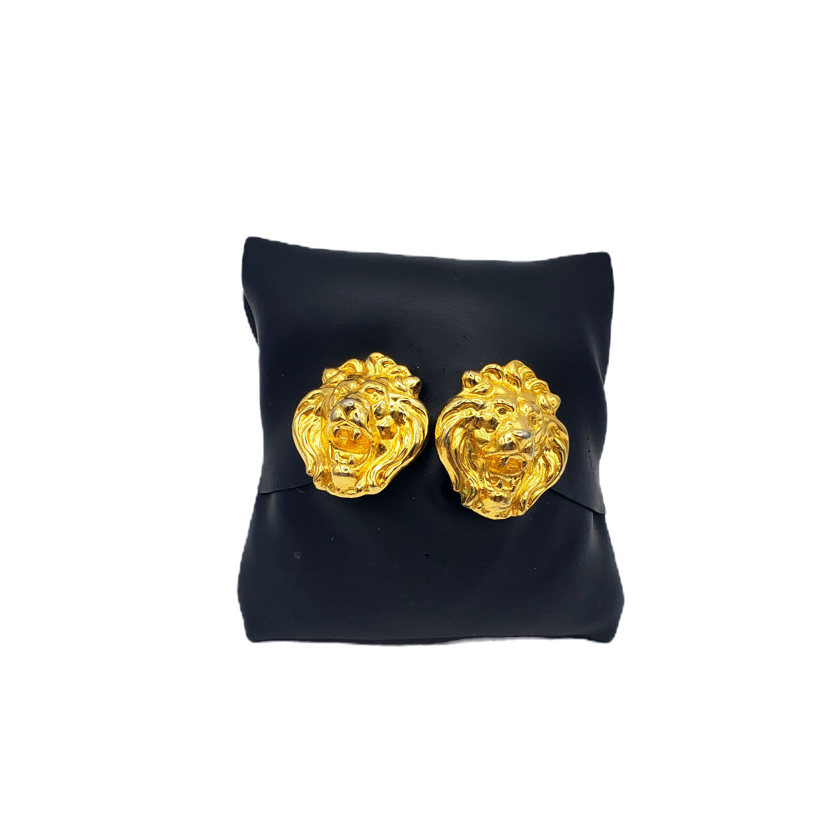 Vintage Heavy Gold Tone 1" Lion Head Clip On Earrings Chunky Statement 80s