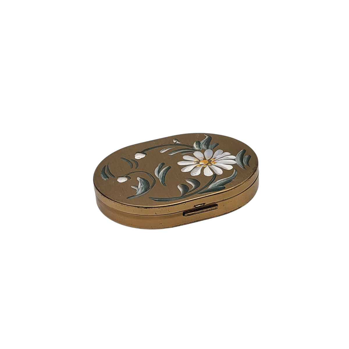 Vintage Mid Century Hand Painted Daisy Brass Oval Powder Compact