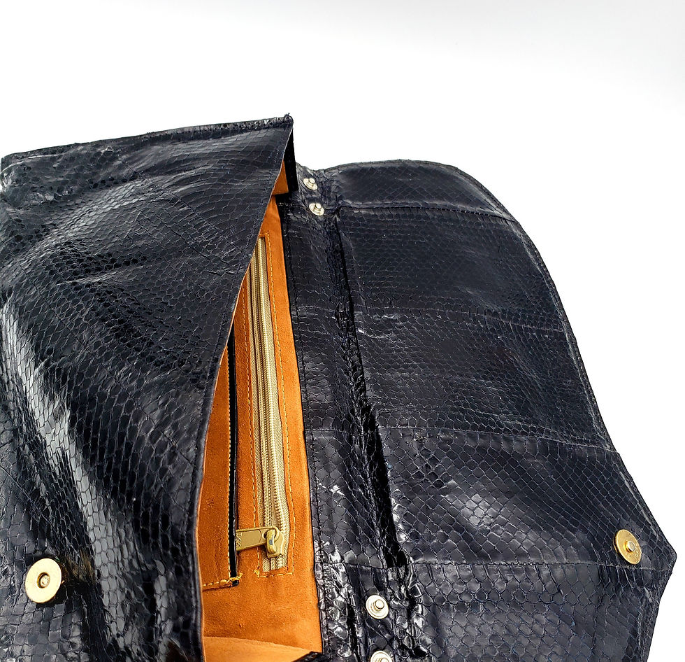 Thumbnail: Vintage black snake skin clutch purse with double flaps interior view