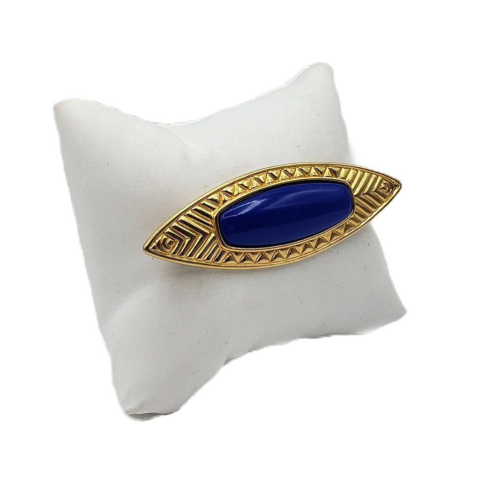 Thumbnail: Vintage Signed Monet Gold Tone Royal Blue Cabachon Marquise Brooch Pin