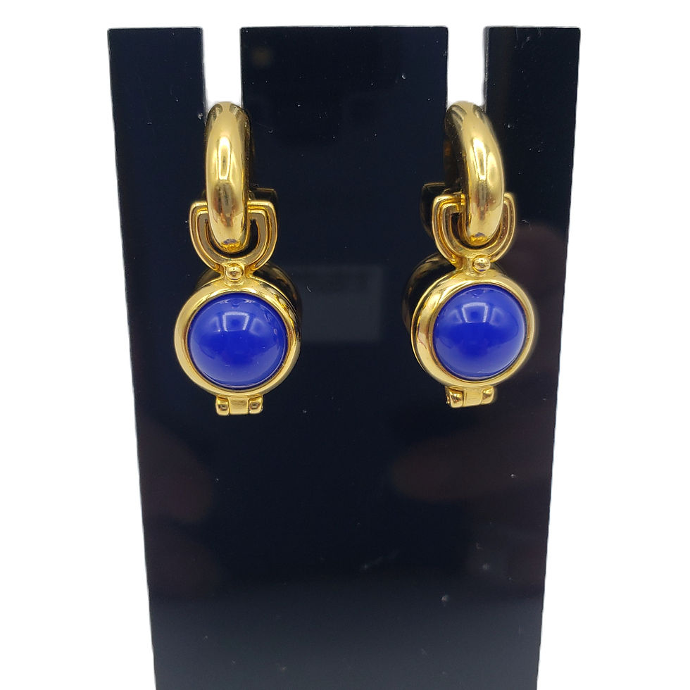 Thumbnail: Vintage Joan Rivers Gold Blue Cabochon J Hoop Drop Post Earrings