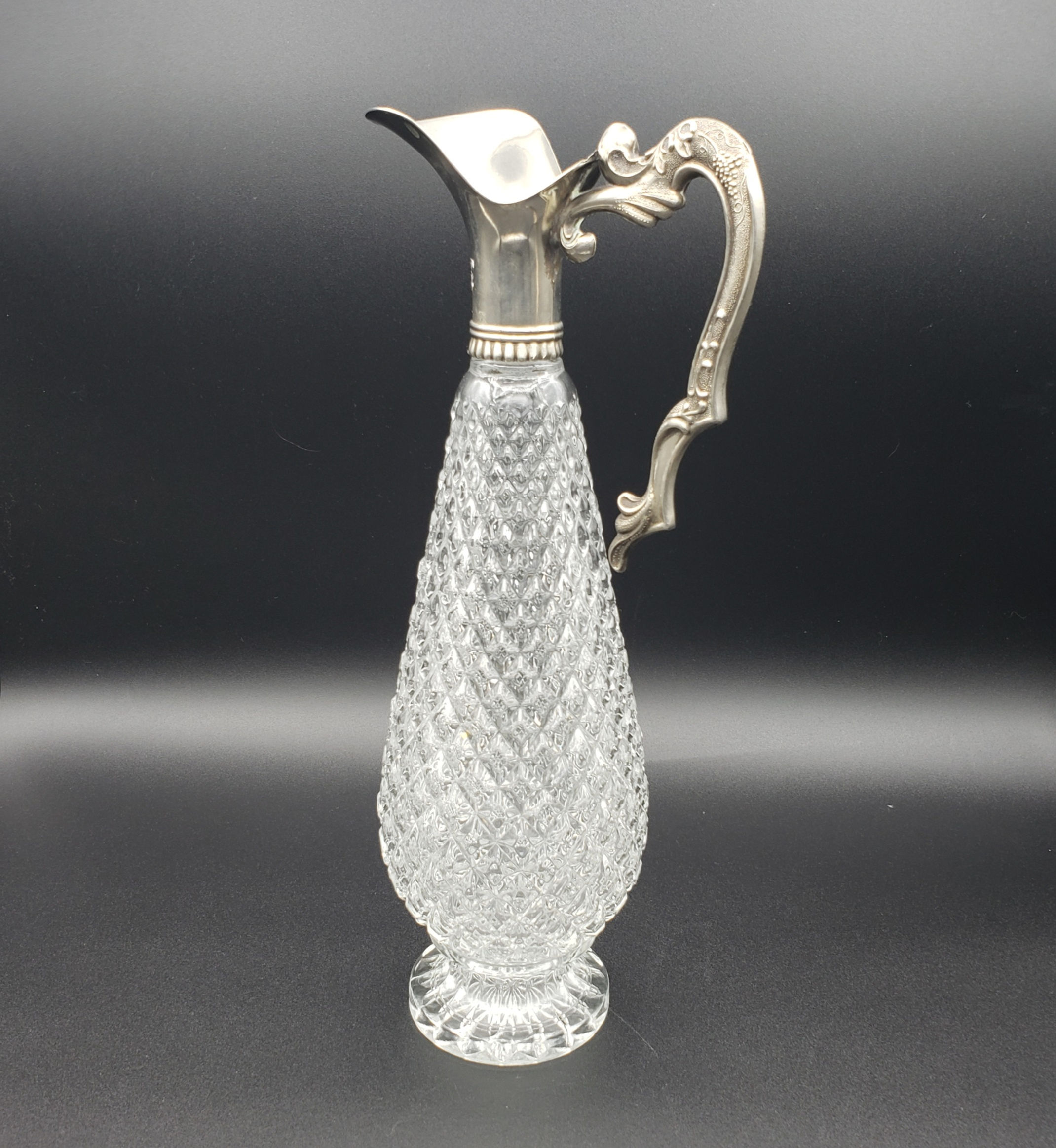 Vintage Clear Diamond Cut Glass & Silver Decanter