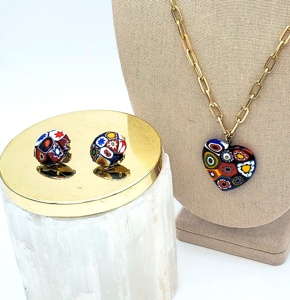 Vintage Italian Millefiori Multicolor Necklace and Button Earrings