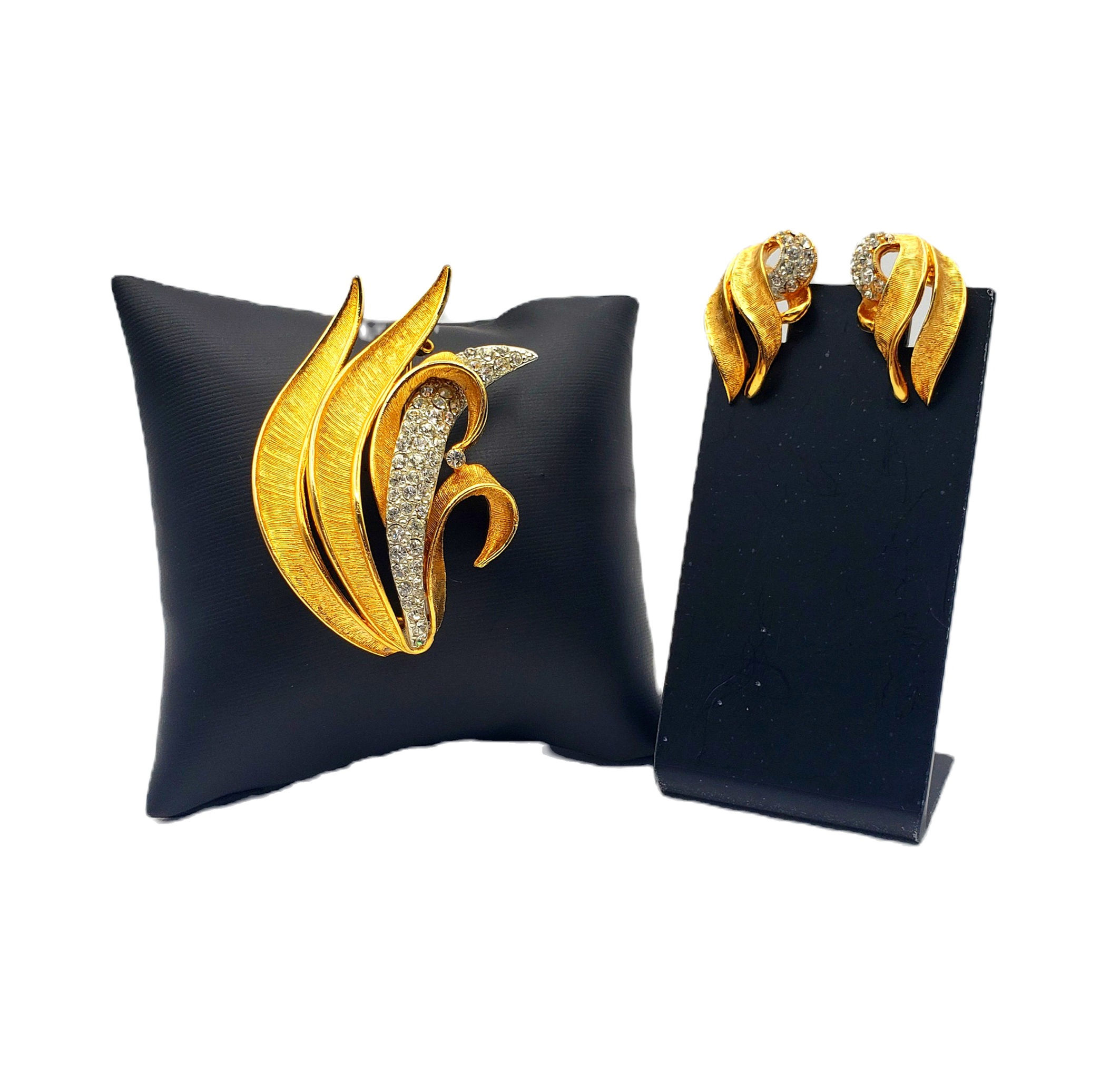 Vintage BSK Gold & Rhinestone Brooch and Earring Set with texturized gold bezel and tiny rhinestones