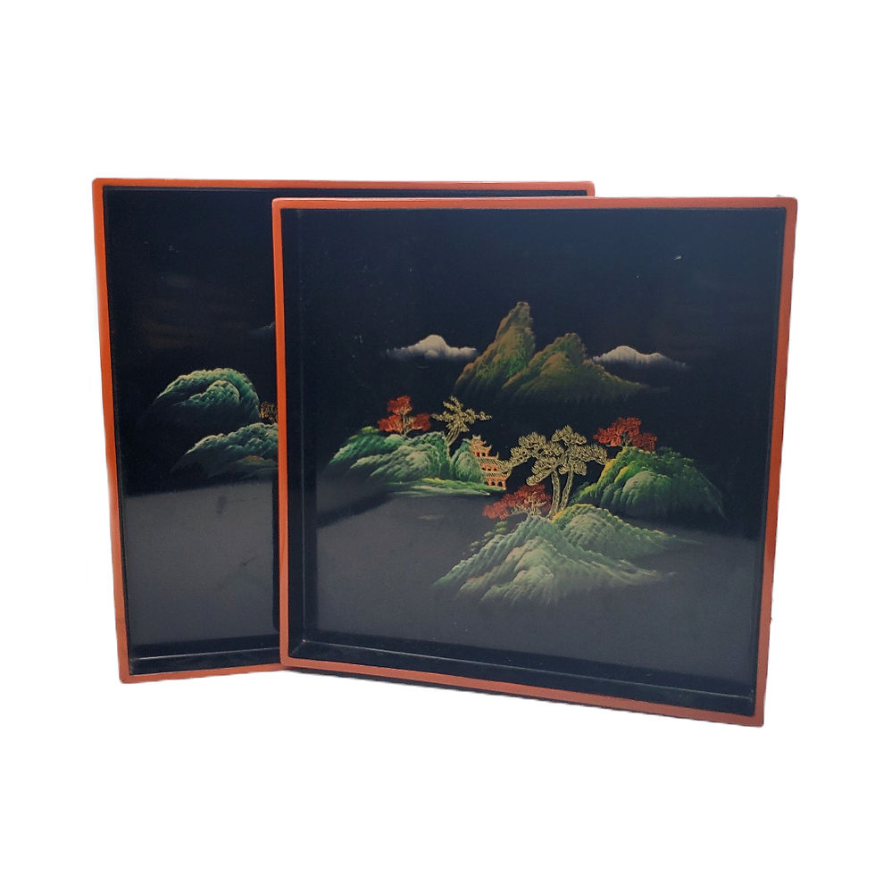 Vintage Fuzhou Flying Horse Black Lacquer Nesting Trays Hand Painted Set