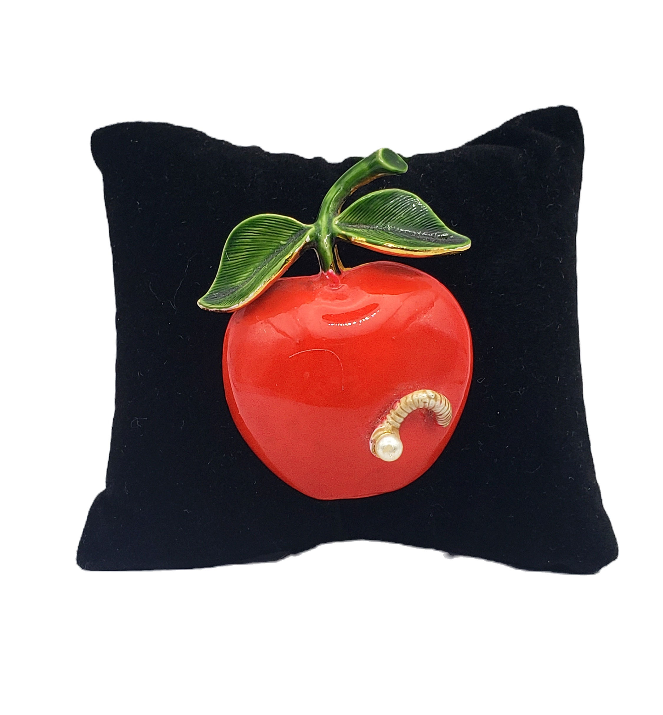Vintage Originals By Robert Teachers Red Apple Brooch with green leaves and gold and pearl worm detail