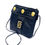 Thumbnail: Vintage Black Leather Cache' Crossbody Bag with gold lion head accents and long leather strap side view