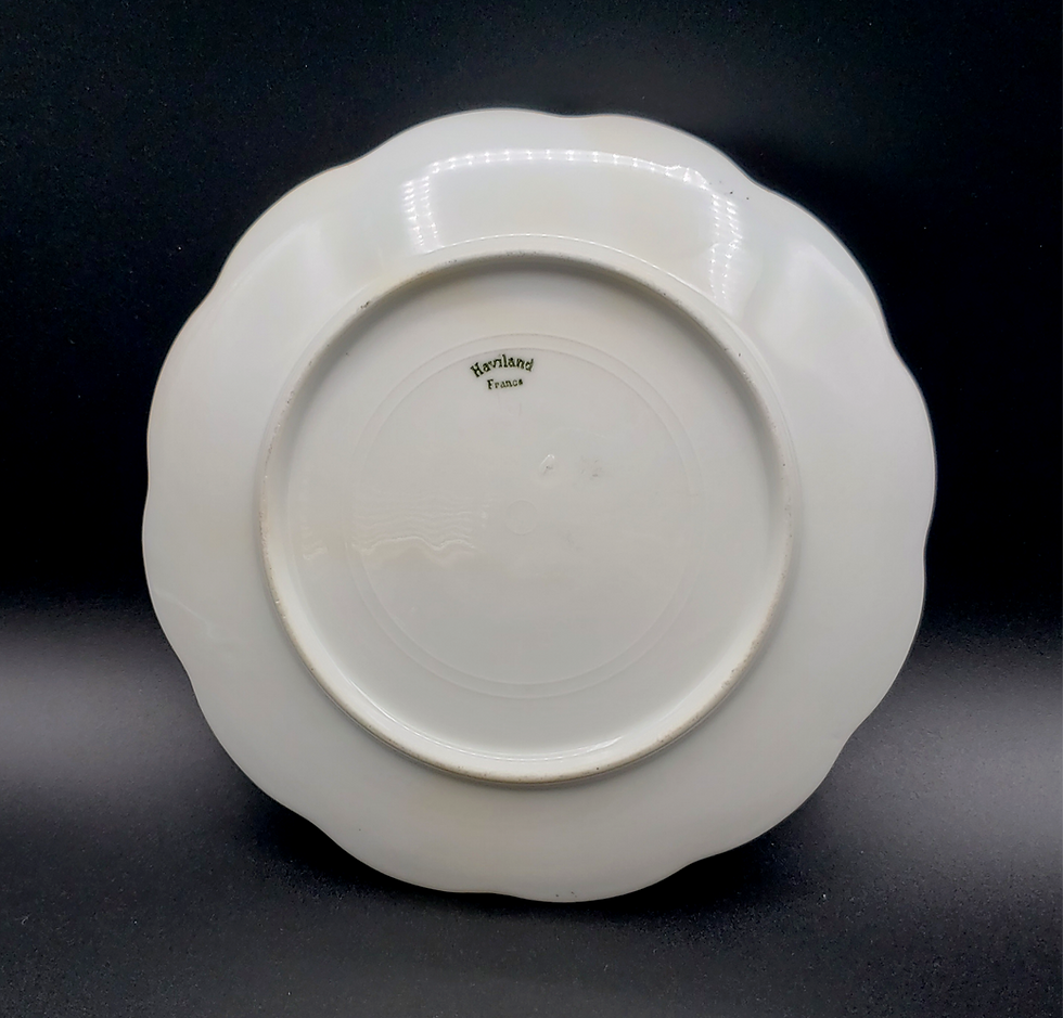 Thumbnail: Vintage Haviland France porcelain hand painted rose floral dish with scalloped edge and gold trim back side view