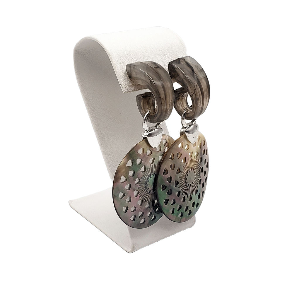 Thumbnail: Mother of Pearl Resin Mandala Pierced 3" Dangle Drop Earrings