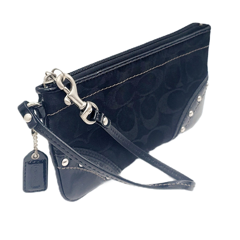Coach Vintage Black Signature Canvas Studded Patent Leather Wristlet Pouch