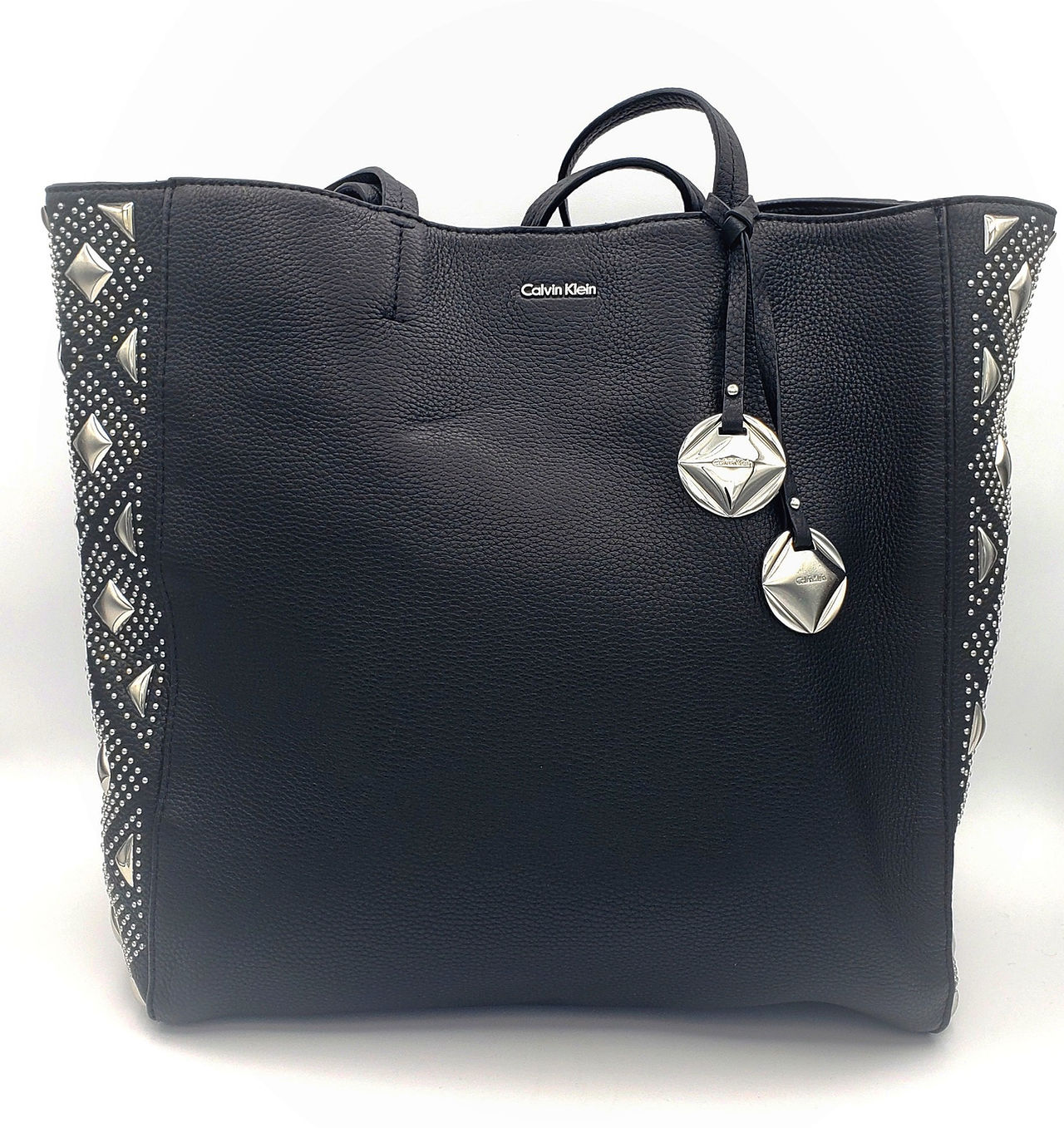 Calvin Klein Large Pebbled Leather Tote with silver studded side panels