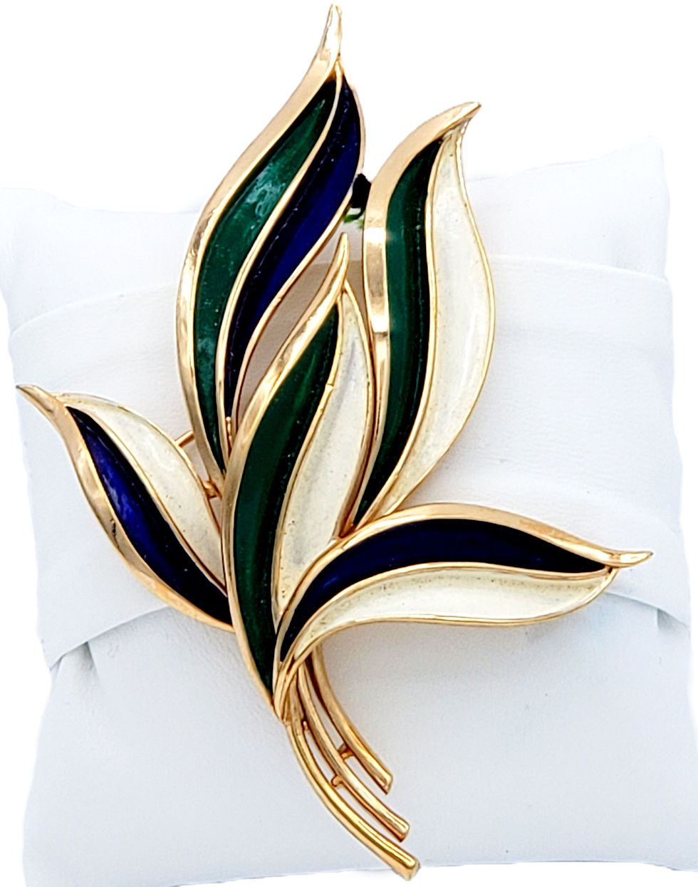 Vintage Trifari Leaf Brooch Pin with green, blue and ivory leaves on gold tone base close up view