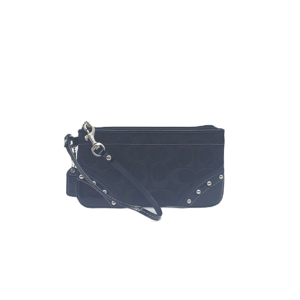 Coach Vintage Black Signature Canvas Studded Patent Leather Wristlet Pouch