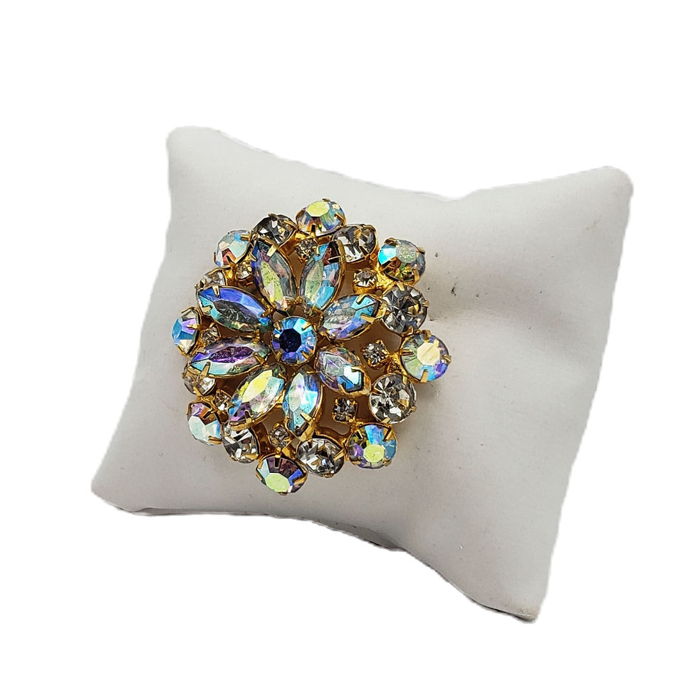 Thumbnail: Vintage 2" Aurora Borealis Rhinestone Tiered Flower Brooch Gold Pin