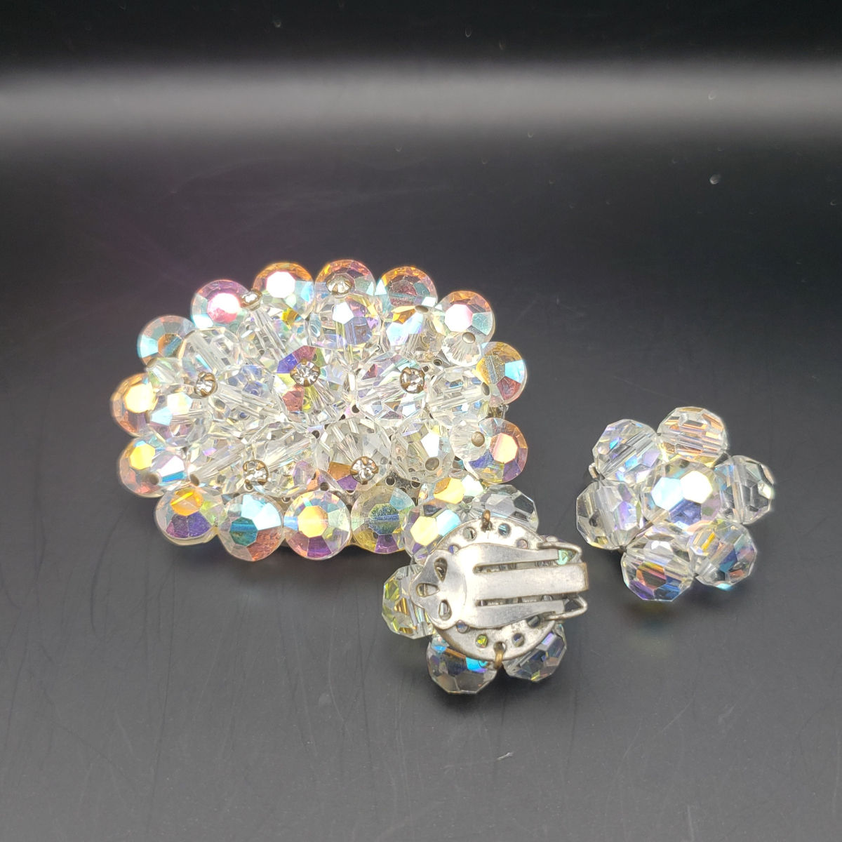 Vintage Iridescent Borealis Crystal Brooch & Earring Set