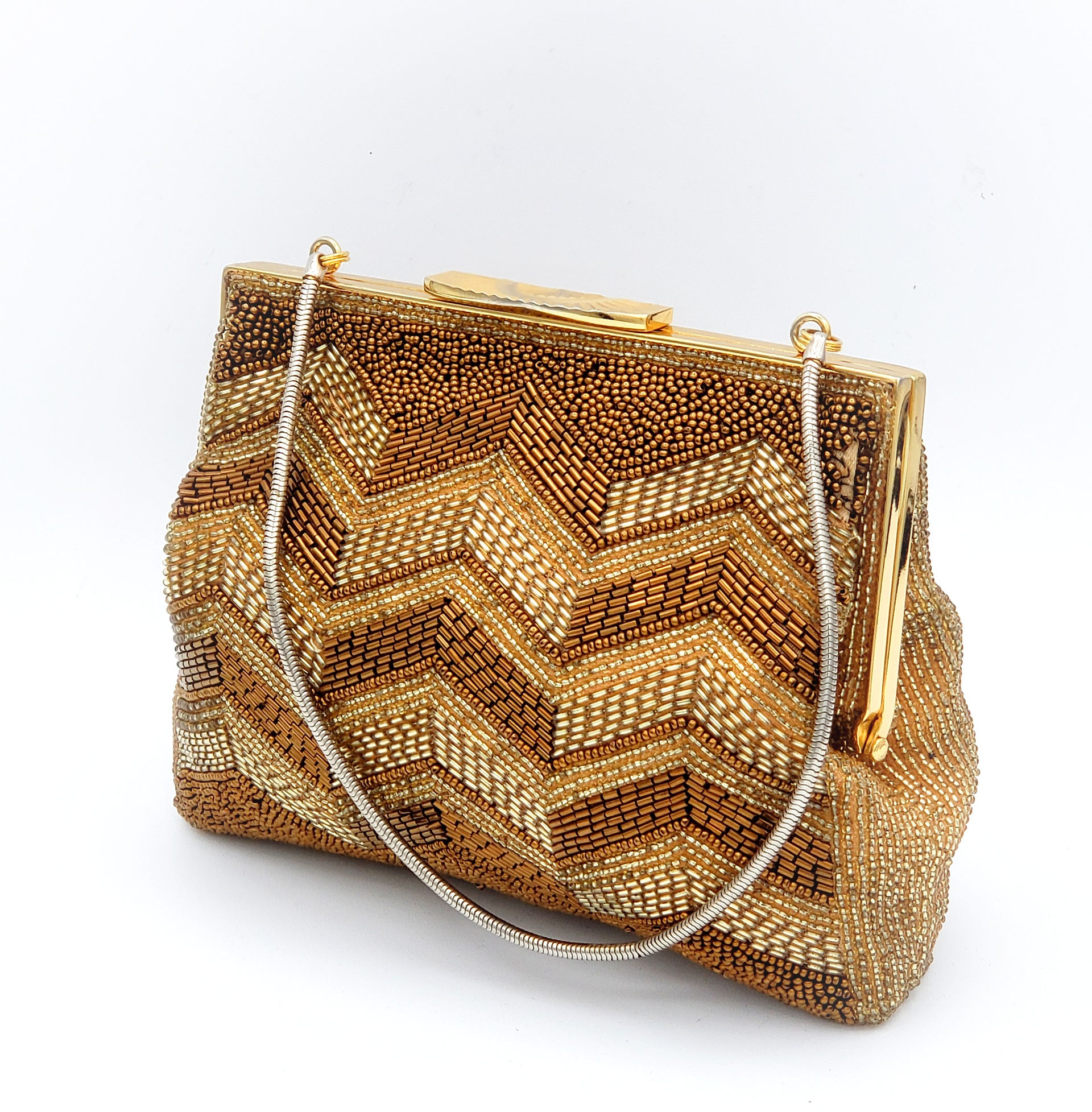 Vintae Walborg Beaded Eveining Bag with Chevron pattern beading in tan copper and gold with silver snake chain wrist strap