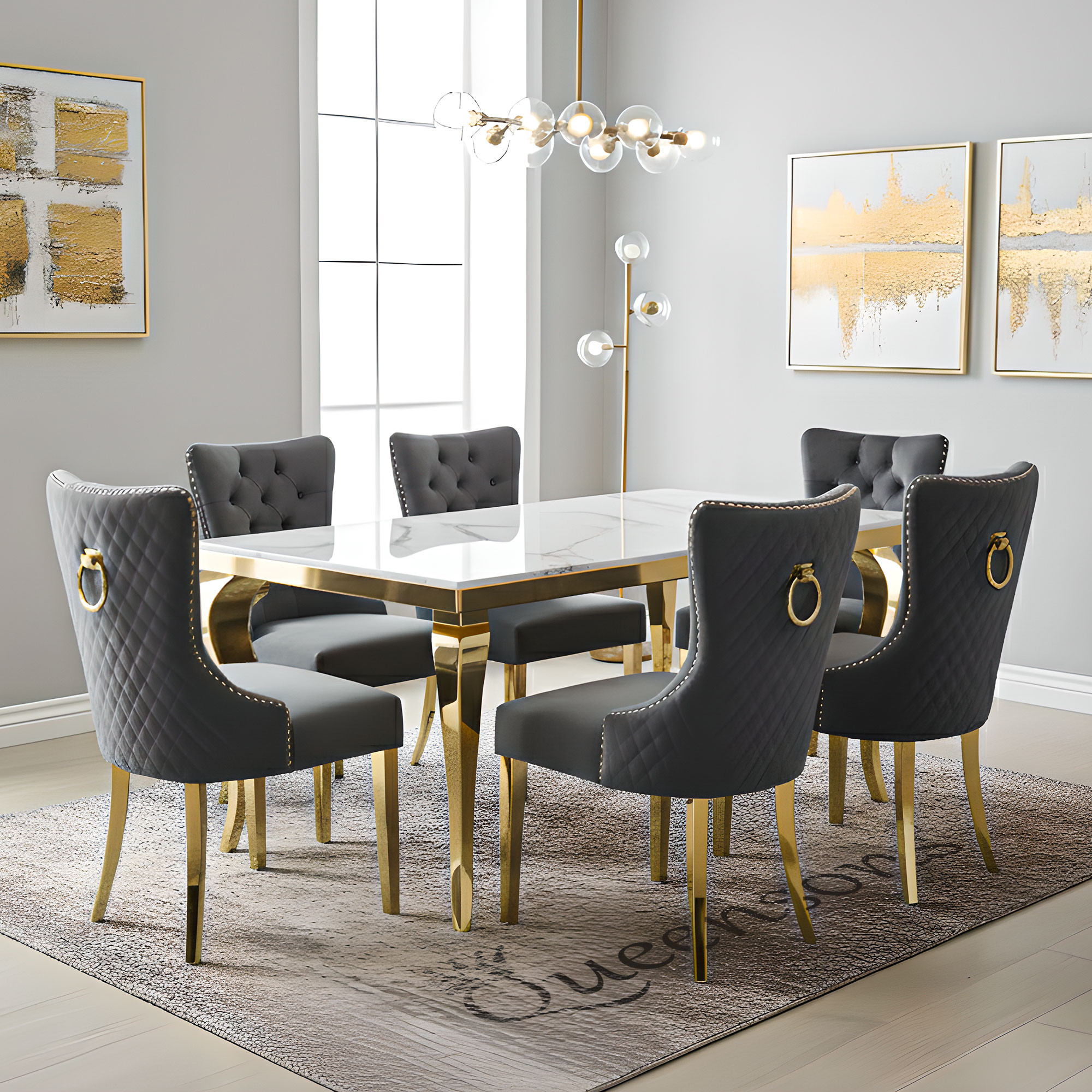 Kennedy Gold Dining Table with Munich Grey Gold Dining Chairs