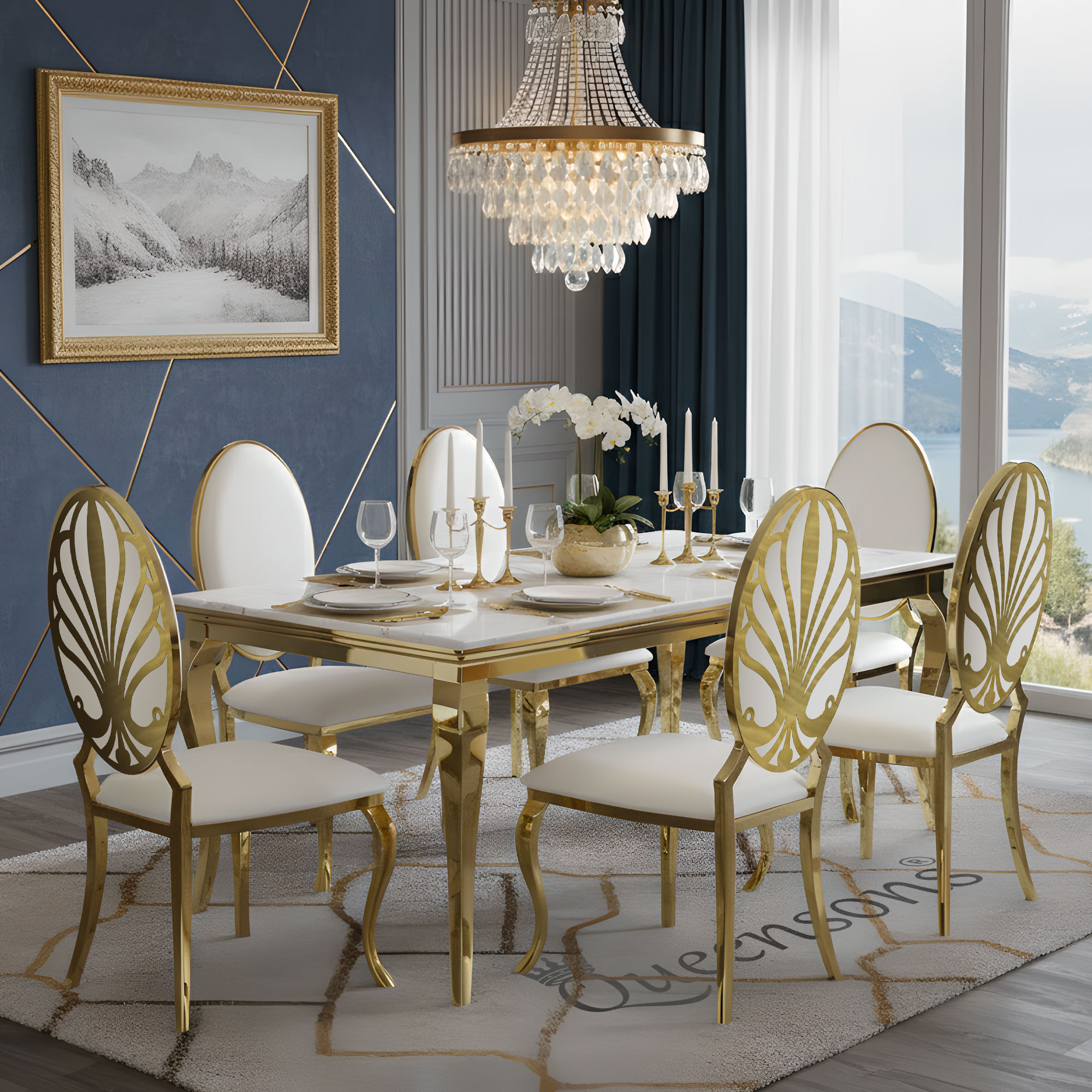 Kennedy Gold Dining Table with Ice White Gold Dining Chairs