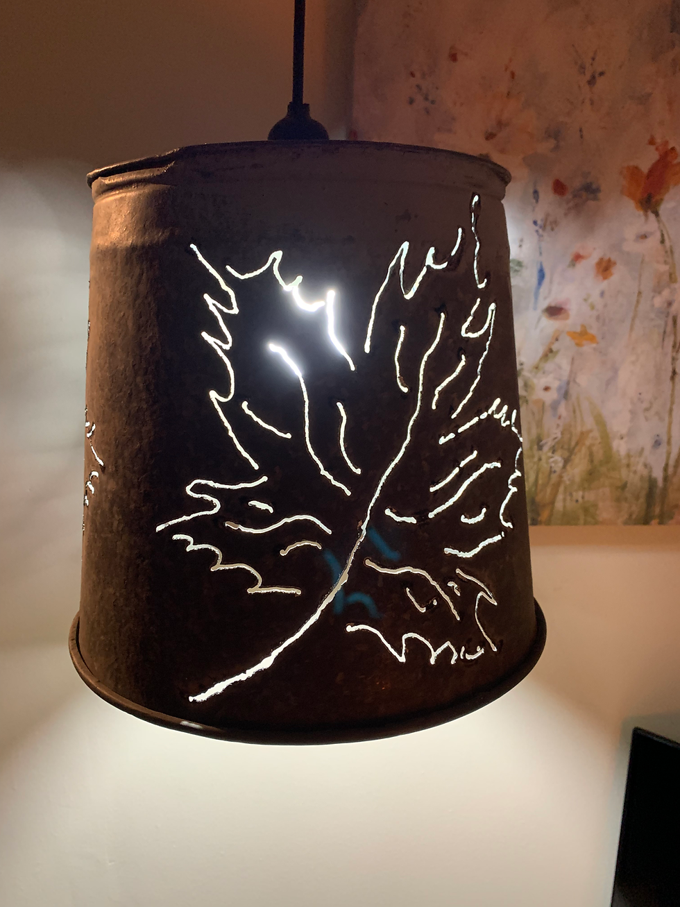 Thumbnail: Double-Sided Sap Bucket Pendant Light with Maple Leaf Detail (Large)