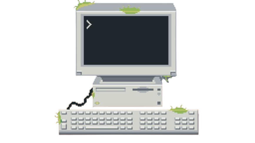 A pixel art computer overgrown with moss