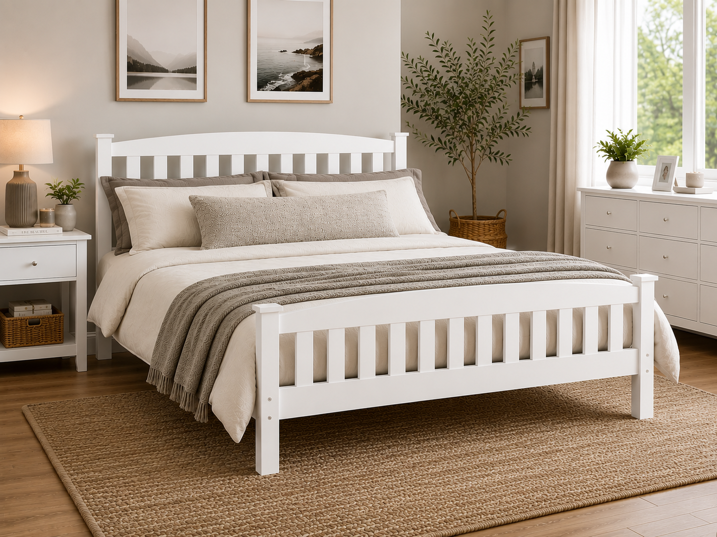 Solid Pine Queen White Bed Frame (004) + 20cm Innersprung Mattress
