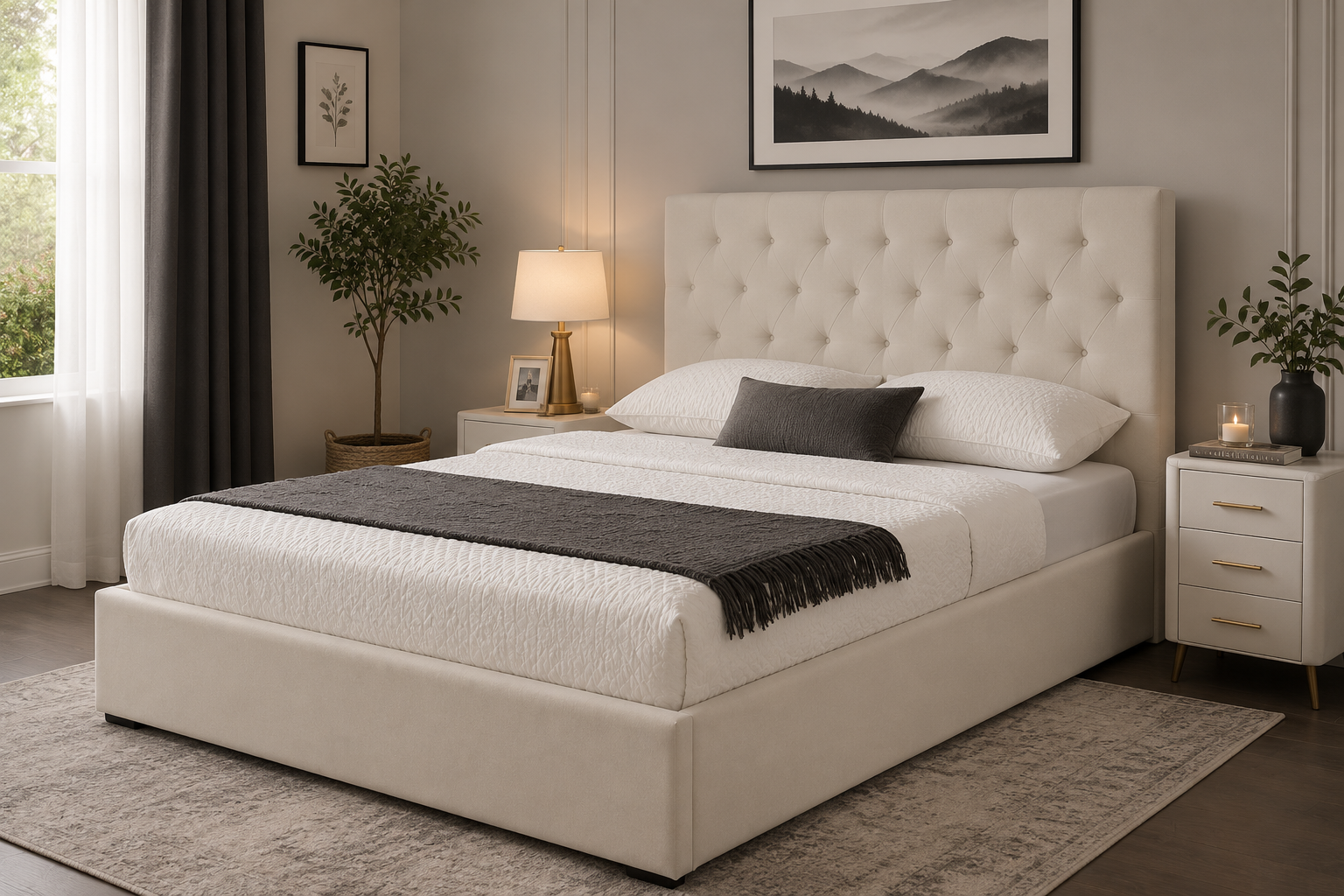 King Gas Lift Under Storage White Oat Linen Bed