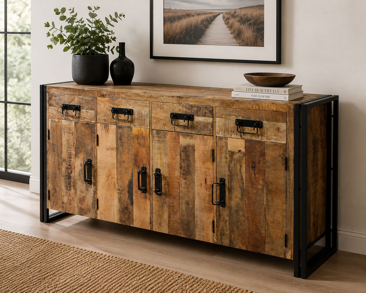Industrial Rustic Sideboard, Buffet, Entertainment Unit. 4 Drawers & 4 Cupboards