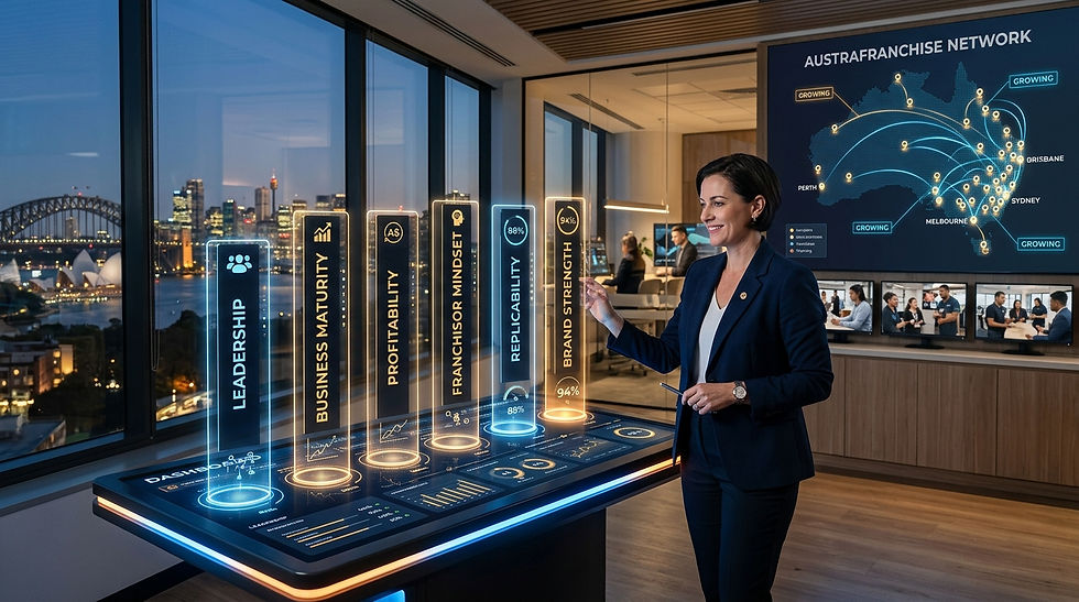 A sophisticated digital dashboard displaying six glowing pillars labelled Leadership, Business Maturity, Profitability, Franchisor Mindset, Replicability and Brand Strength. A confident founder analyses the dashboard while a successful franchise network expands in the background.