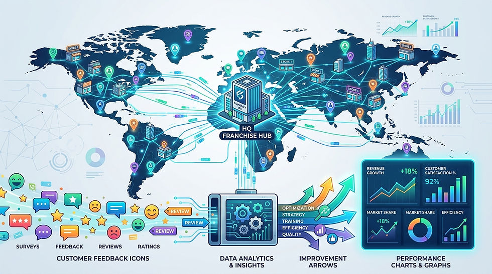 a network of franchise locations connected by data lines, customer feedback icons transforming into improvement arrows and performance charts