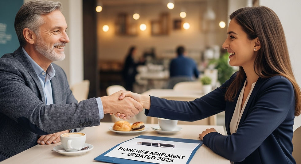 A friendly meeting between a franchisor and franchisee in a café or small business setting, shaking hands across a contract folder labelled “Franchise Agreement – Updated 2025.”