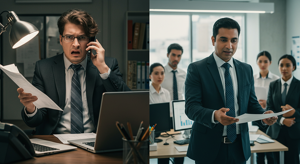 Side-by-side comparison: on the left, a stressed business owner juggling tasks; on the right, a confident franchisor delegating and leading a thriving network.