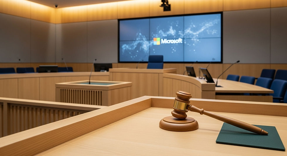 A modern courtroom scene in Australia with the Microsoft logo subtly visible on a digital screen in the background. A judge’s gavel rests on the bench, symbolising corporate accountability.