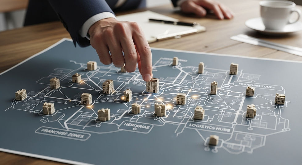 A hand placing a final piece on a blueprint of interconnected franchise locations shaped like a network map. Emphasis on systems, connection, and scalability.
