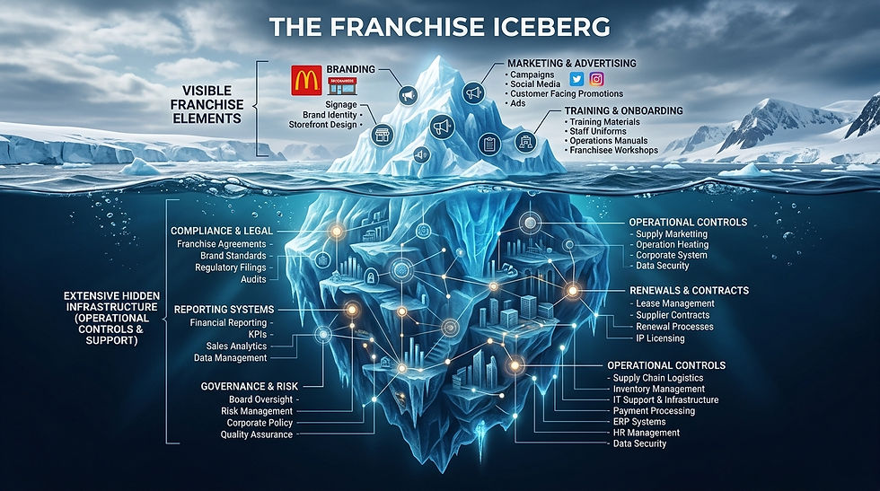 An iceberg-style illustration where visible franchise elements such as branding, marketing, and training sit above the surface while extensive hidden infrastructure including compliance, reporting systems, governance, renewals, and operational controls exist below, premium business design