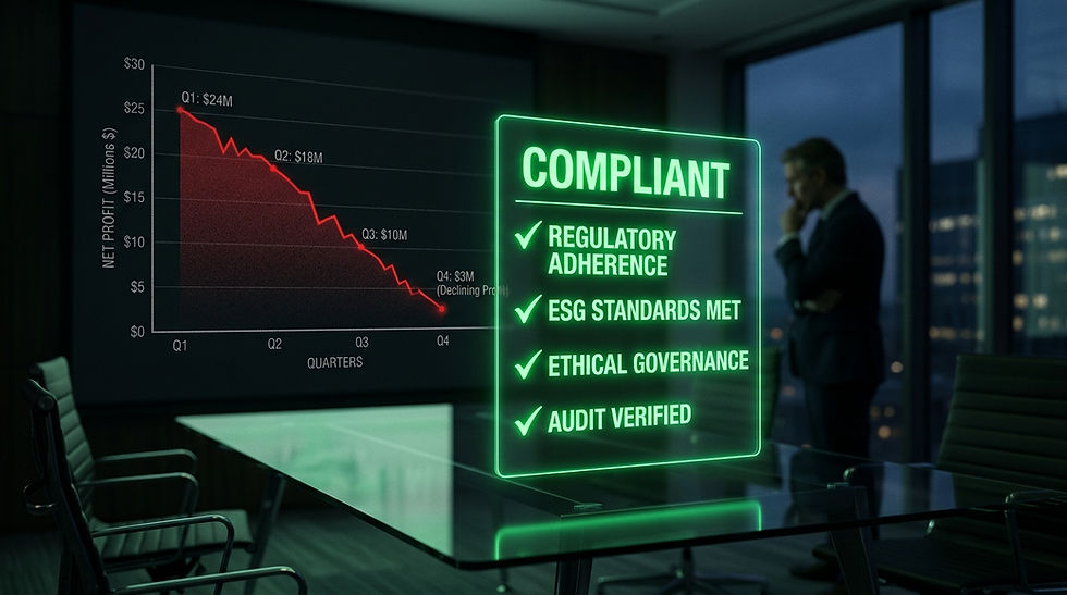 A checklist marked “Compliant” glowing green, while behind it a declining profit graph fades downward, symbolic corporate visual