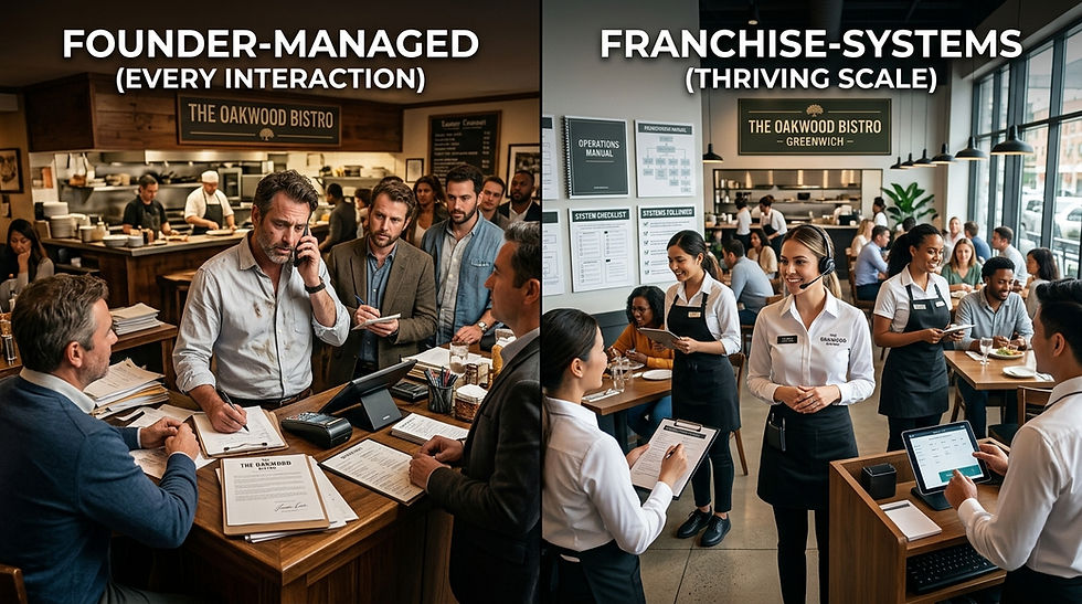 Split-screen concept showing a founder personally managing every customer interaction on one side, contrasted with a thriving franchise location where trained staff confidently follow documented systems without founder involvement, realistic hospitality setting