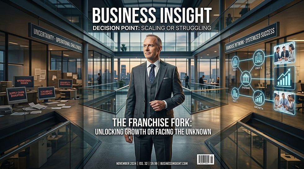 A confident business owner standing before two pathways: one leading toward a thriving franchise network supported by strong systems, and the other showing uncertainty and operational challenges, modern corporate environment, strategic decision-making concept