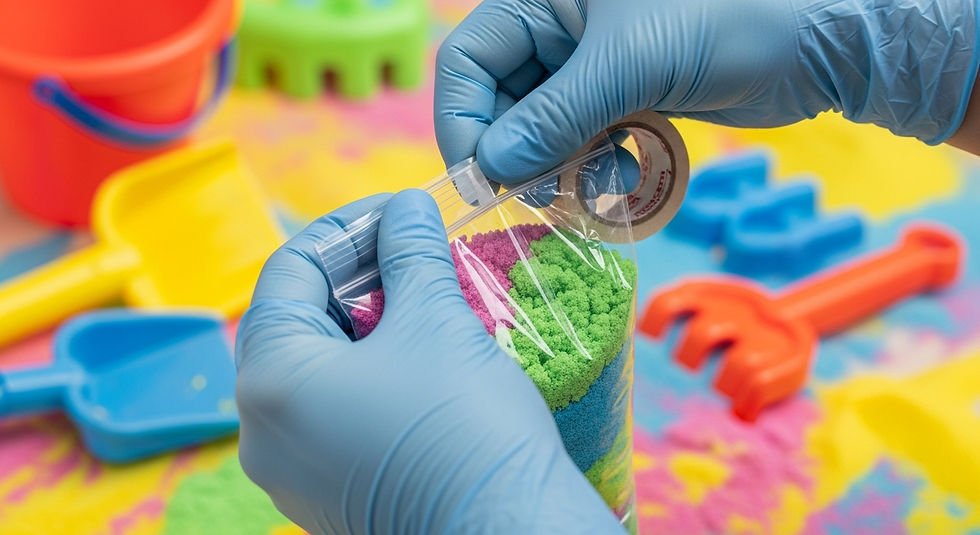A Close-up of a parent’s hands wearing disposable gloves, carefully sealing a plastic bag of colourful sand with tape. A child’s sand play area is blurred in the background, symbolising safety and caution.