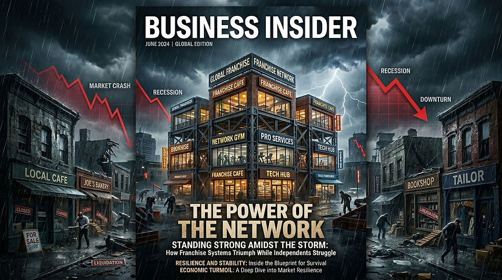 A powerful visual of a strong franchise network standing firm during a severe economic storm while independent businesses around it struggle against collapsing market conditions, branded franchise locations connected by a solid structural framework, dramatic skies, cinematic lighting, ultra-realistic business magazine cover style, symbolising resilience and stability.
