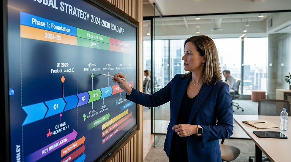 Business leader reviewing a long-term strategic roadmap on a wall or digital screen, timelines and milestones visible, modern office, focused mood